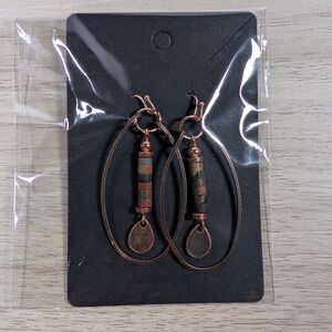 Copper Tone Oval Dangle Earrings Multicolor Beads Teardrop Charm